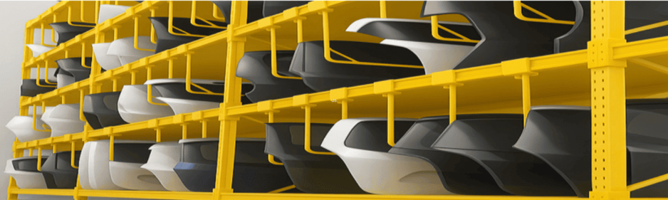 Automotive bumpers and car doors stored on heavy-duty racking system in warehouse