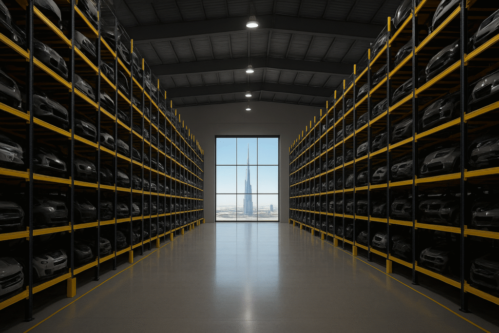Custom heavy-duty automotive storage racking for car doors and bumpers in a Dubai warehouse.