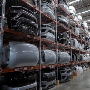 Heavy-duty custom automotive storage racking for car doors and bumpers in a clean Dubai warehouse with a view of the skyline.